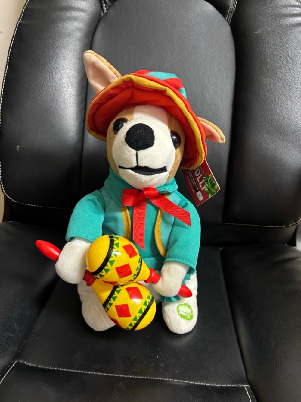 Plush Dog Toy with Colorful Hat and Maracas